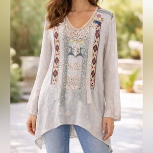 Johnny Was Sheer Cupra Rayon Multicolored Embroidered Tunic Taupe Cream sz Large
